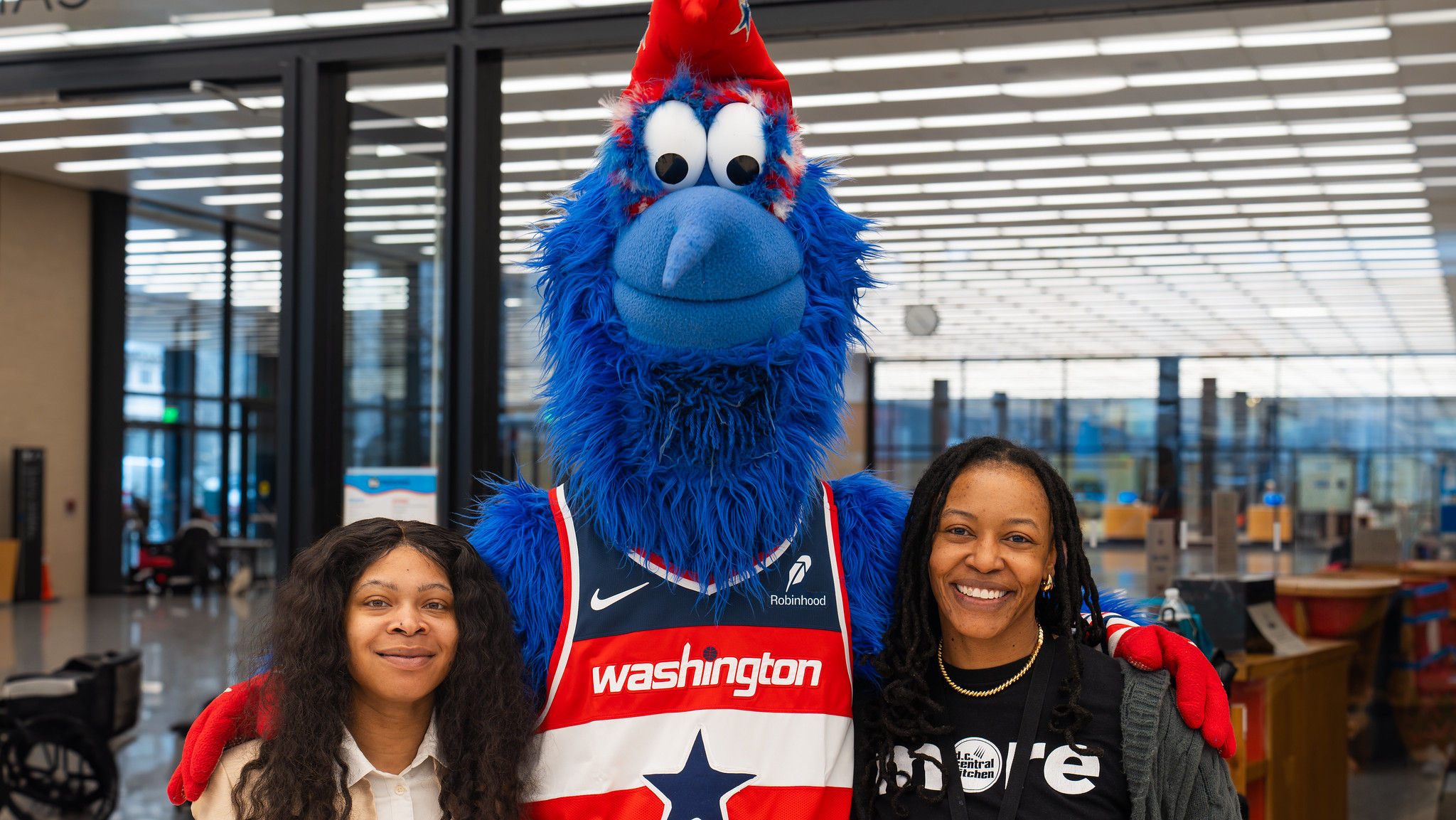 DC Central Kitchen employees and Wizards Mascot G-Wiz