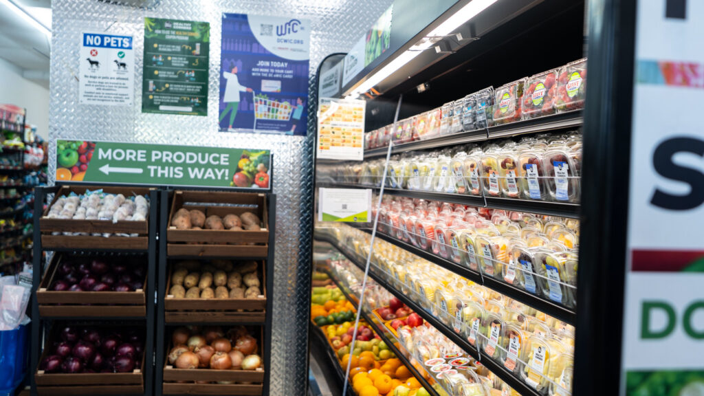  The open-air fridge and produce shelving near the entryway of Stanton Supermarket